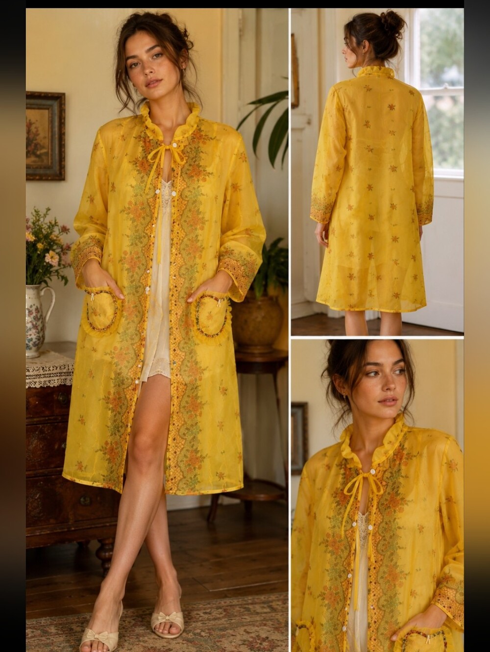 Vintage 1970s Yellow Sheer Floral Hostess Coat Housecoat Heart Pockets Snap Fron